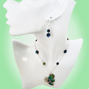 Abalone Shell Butterfly Pendant on Sterling Silver Chain Embedded with Abalone Shell Beads and Matching Earrings on Sterling Silver Hooks