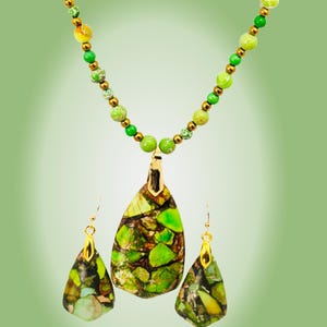 Green Sea Sediment Jasper Necklace and Earring Set: Antique Brass