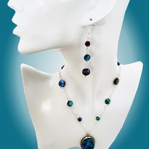 Oval Abalone Shell Pendant in Handmade Sterling Silver plated Setting on Sterling Silver Chain &Matching Abalone Shell and Sterling Earrings