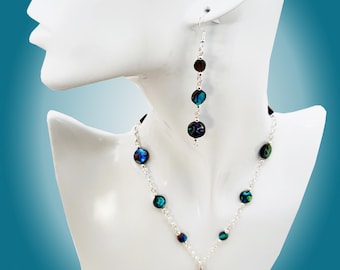 Abalone Shell Pendant Necklace and Earrings Set, Sterling Silver Plated Setting, Sterling Silver Chain