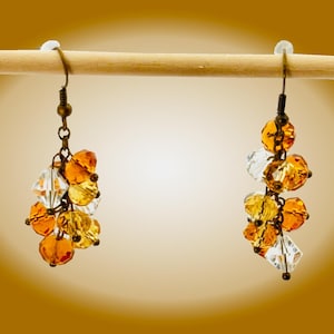 Swarovski Amber and Clear Crystal Earrings on Antique Brass Hooks