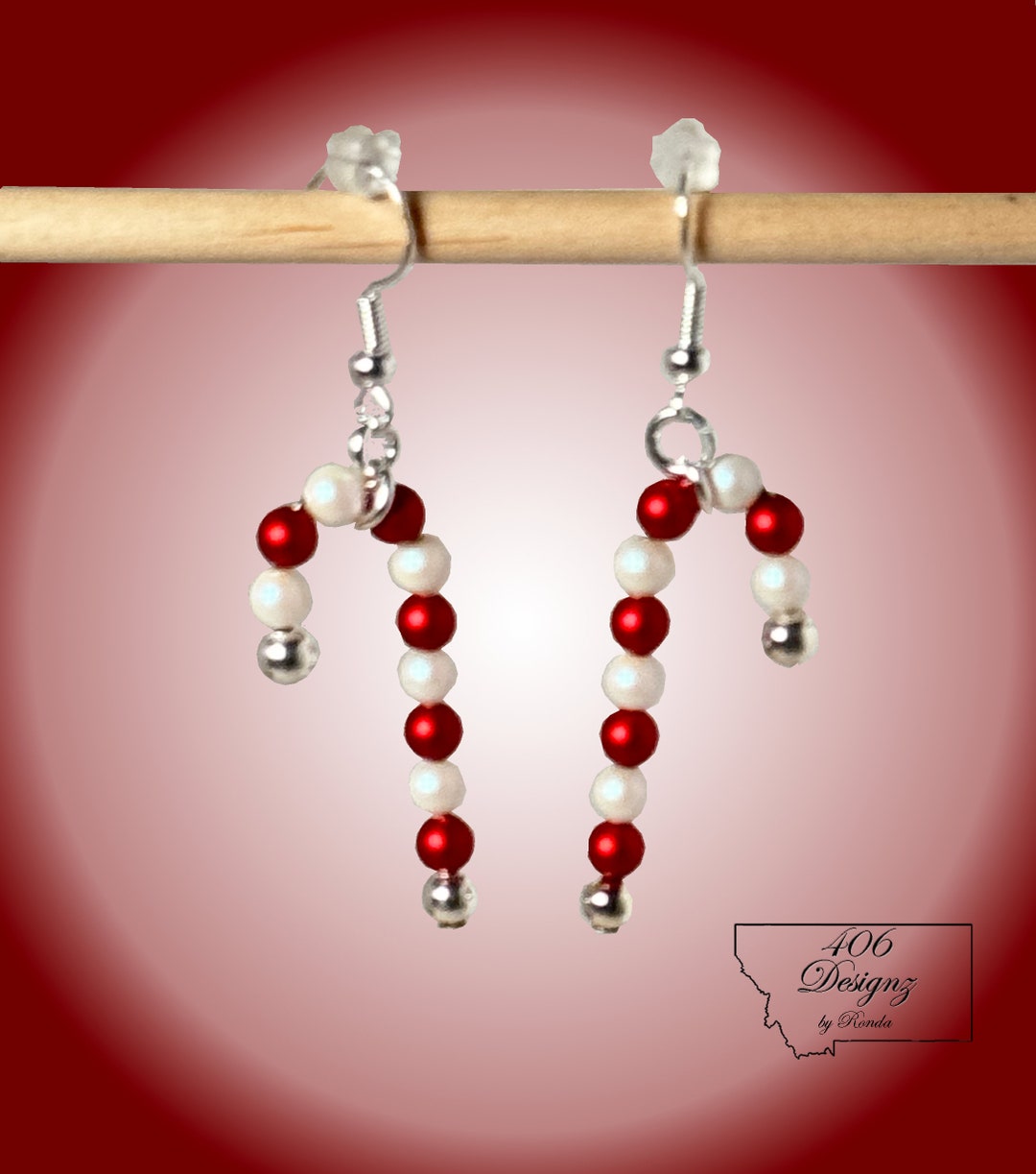 Red and White Pearl Candy Cane Earrings on Sterling Silver Etsy