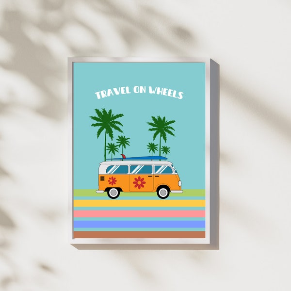Wall art with campervan, vacation, Colorful Painting, Beach, i love travel