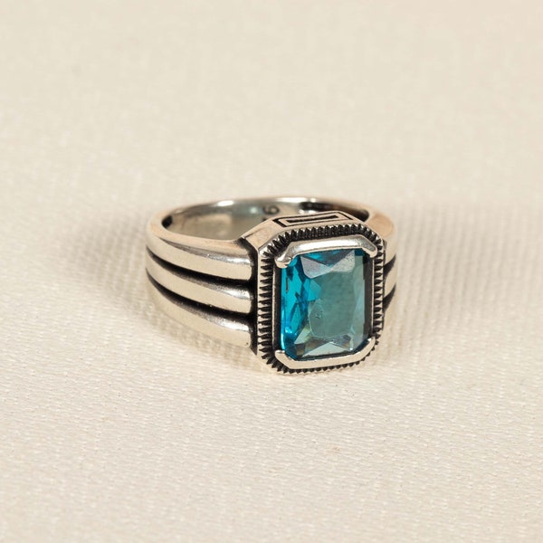 Aquamarine Men's Ring, Blue Gemstone Men's Ring, Solitaire Men's Ring, 925 Silver Ring, Men's Signet Ring, Statement Ring, Gift for Father's