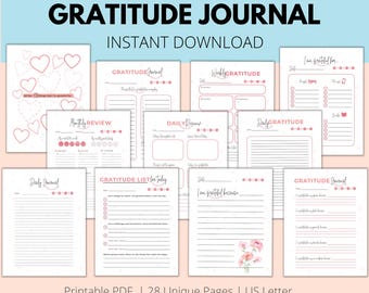 May include: Printable gratitude journal with 28 unique pages. The journal features a variety of prompts and activities to help you focus on the positive aspects of your life. The journal is designed to be used as a daily or weekly practice.