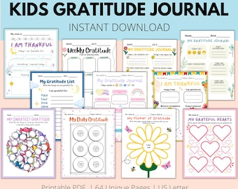 Könnte beinhalten: Ein druckbarer PDF-Download eines Dankbarkeitsjournals für Kinder mit 64 einzigartigen Seiten. Das Journal enthält farbenfrohe Illustrationen und Aufforderungen für Kinder, Dinge aufzuschreiben, für die sie dankbar sind. Das Journal soll Kindern helfen, eine positive Denkweise zu entwickeln und die guten Dinge im Leben zu schätzen.