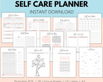 Könnte beinhalten: Ein druckbarer Selbstpflege-Planer mit 36 einzigartigen Seiten. Der Planer enthält Abschnitte für tägliche Selbstpflege, Gewohnheitsverfolgung, Stimmungstracking, Selbstliebe-Ideen und mehr. Der Planer ist in einem minimalistischen Stil mit Schwarz-Weiß-Illustrationen und rosa Akzenten gestaltet.