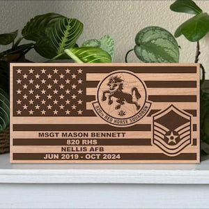 Custom Military Flag Plaque - Personalized Wood Flag Engraved with Unit Insignia, Rank, Name - Perfect for Retirement, Going Away, ETS Gift