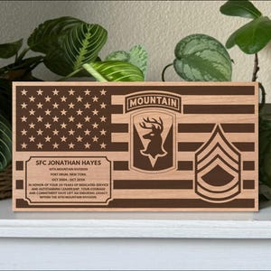 Custom Military Flag Plaque - Personalized Wood Flag with Engraved Plate, Unit, Rank, Name & Message - Ideal for Retirement, ETS Gift