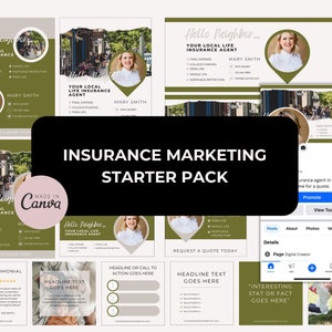 Kit voor marketing en sociale media (voor verzekeringsprofessionals). Directe toegang in Canva. Strakke en moderne esthetiek voor uw merk online.