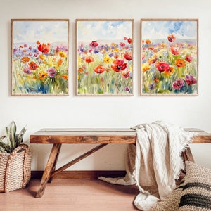 Watercolor Flower Field Poster Set of 3 - Sunny Day Landscape Art ...