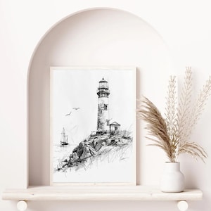 Vintage Lighthouse Pencil Drawing – Nautical Coastal Wall Art