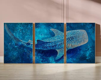Conjunto de pôsteres em tríptico com tubarão-baleia | Arte da vida marinha