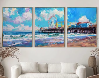 May include: A three-piece set of abstract paintings depicting a beach scene with a Ferris wheel and pier. The paintings are in a bright, colorful style with shades of blue, yellow, pink, and green.