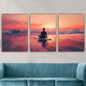 Surfer zonsondergang muurkunst | Oceaangolven en gouden horizonprint | Surfen Lifestyle Schilderen | OceaanBlueeArt