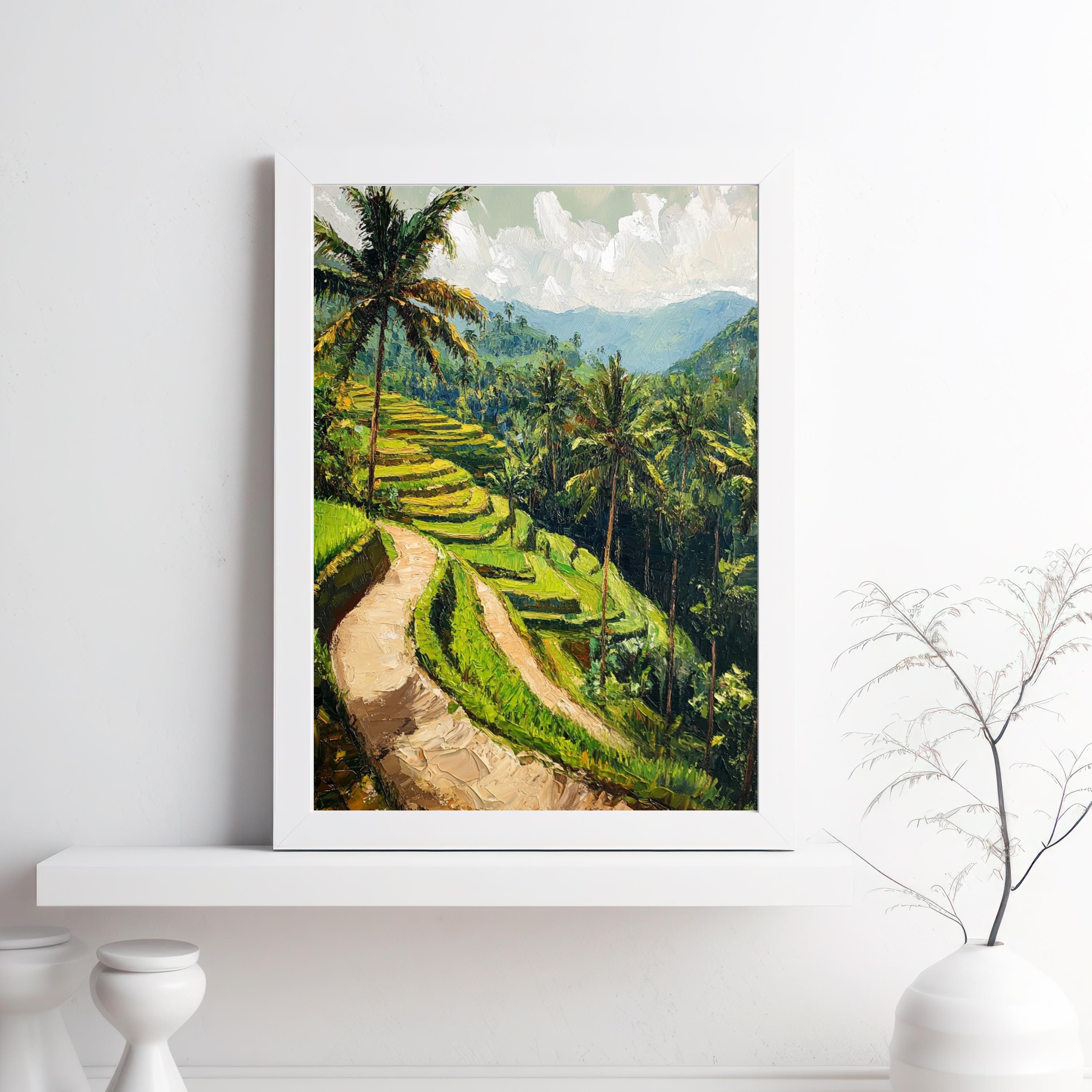 質感のある棚田の油絵 - ベージュのバリ風景画 - Etsy 日本
