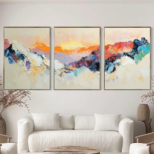 Pastel Mountain Sunrise 3-Panel Wall Art – Large Modern Triptych for Beige Living Rooms