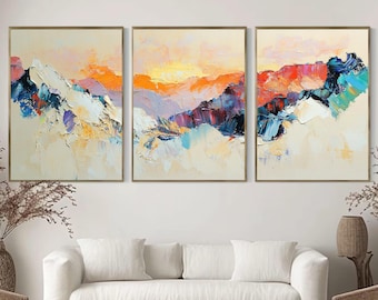 Pastel Mountain Sunrise 3-Panel Wall Art – Large Modern Triptych for Beige Living Rooms