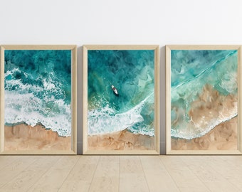 Il sogno degli amanti del surf: set di 3 poster delle onde - Arte del surf in acrilico e acquerello per decorazioni costiere moderne
