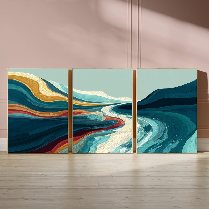 Abstract Wall Art Set of 3 | Modern Triptych Poster Prints | Teal and ...