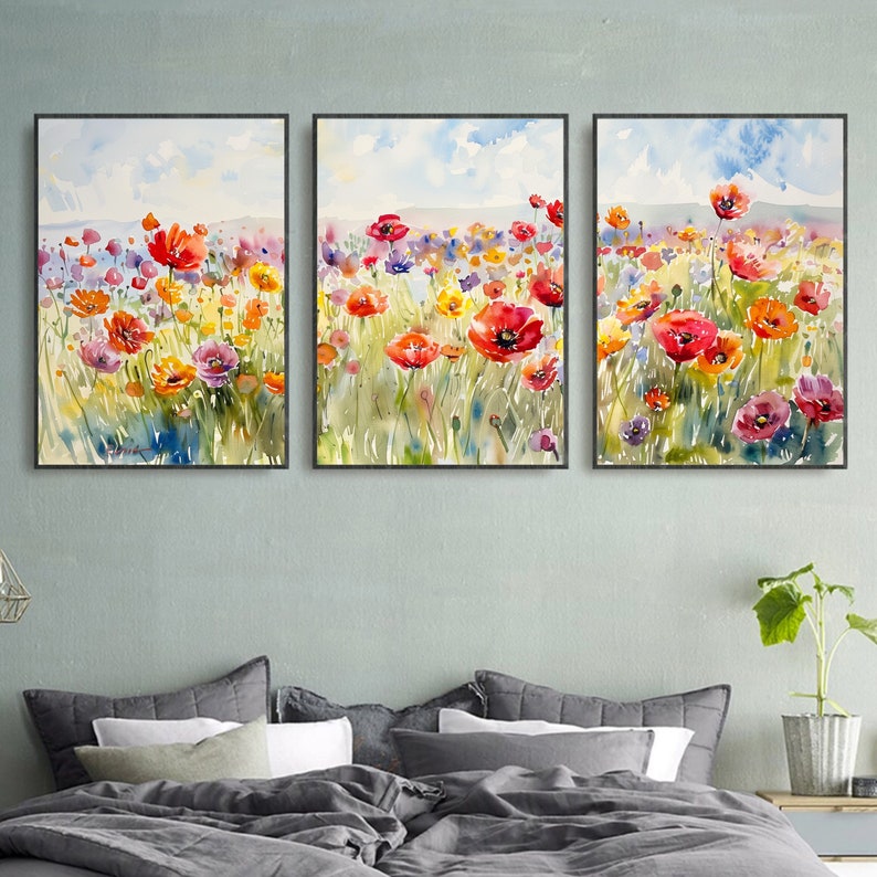 Watercolor Flower Field Poster Set of 3 - Sunny Day Landscape Art ...