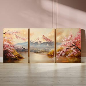 Monte Fuji e fiori di ciliegio, 3 poster da parete – Pittura di paesaggio giapponese, trittico di primavera Sakura
