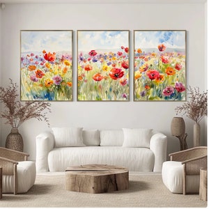 Watercolor Flower Field Poster Set of 3 - Sunny Day Landscape Art ...