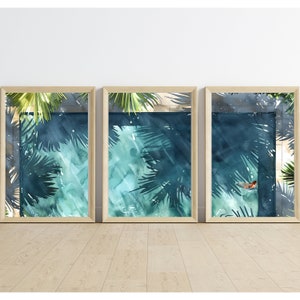Indigo Blue Swimming Pool Art Set of 3 | Tranquil Pool Painting with reflecting Water | Palm Springs inspired Watercolor Painting into Print