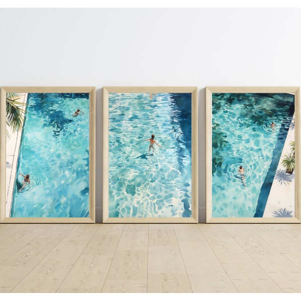 Schwimmbad-Kunst-Set mit 3 Stück | Ruhiges Poolgemälde mit reflektierendem Wasser | Von Palm Springs inspirierte Aquarellmalerei, die zu Drucken verarbeitet wurde