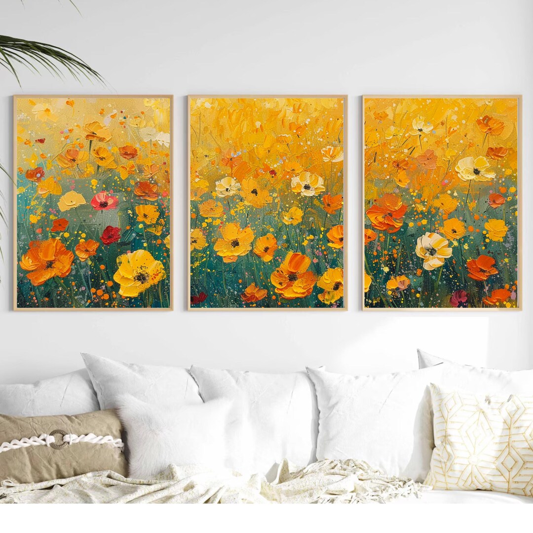 Yellow Flower Field Wall Art Set of 3 | Vibrant Floral Triptych Prints ...
