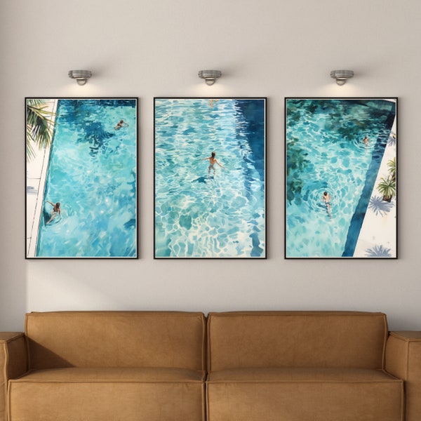 Swimming Pool Art Set of 3 | Tranquil Pool Painting with reflecting Water | Palm Springs inspired Watercolor Painting made into Prints