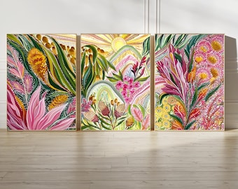 Botanisches Triptychon Poster Set, Aborigines inspirierte Blumenwandkunst, bunte Naturdrucke mit australischen Ureinwohnerblumen für Innendekor
