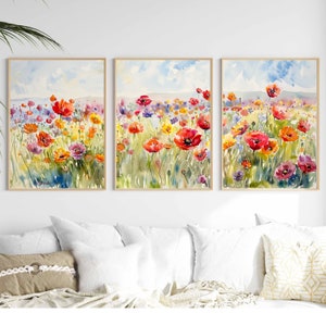 Watercolor Flower Field Poster Set of 3 - Sunny Day Landscape Art ...