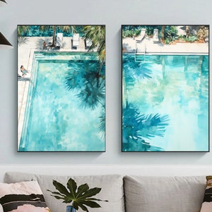 Tranquil Swimming POOL Watercolor Art PAINTING SET of 2- Palm Inspired Pool Art Work
