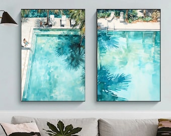 Set med konsttryck i poolen | Lugn akvarell Palm Springs-dekor