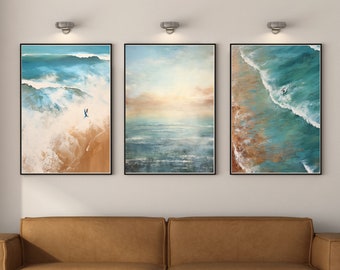 Ocean Aerial View Art Print Set of 3 | Beach Watercolor Painting