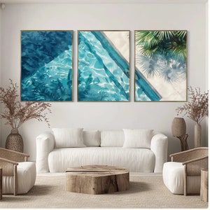 May include: Three framed watercolour paintings depicting a pool scene. The paintings are in a modern style and feature a blue pool with white tiles and palm trees.