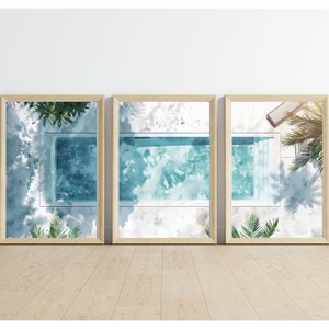 White Swimming Pool Art Set of 3 | Tranquil Pool Painting with reflecting Water | Palm Springs inspired Watercolor Painting made into Prints