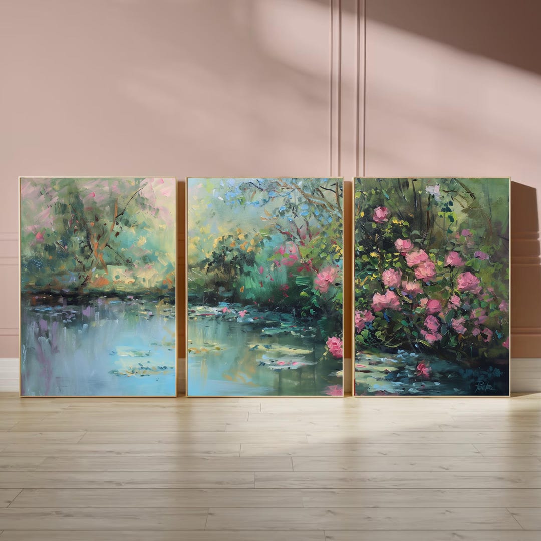 Romantic Garden Wall Art | Water Lily Pond & Pink Roses | Impressionist ...