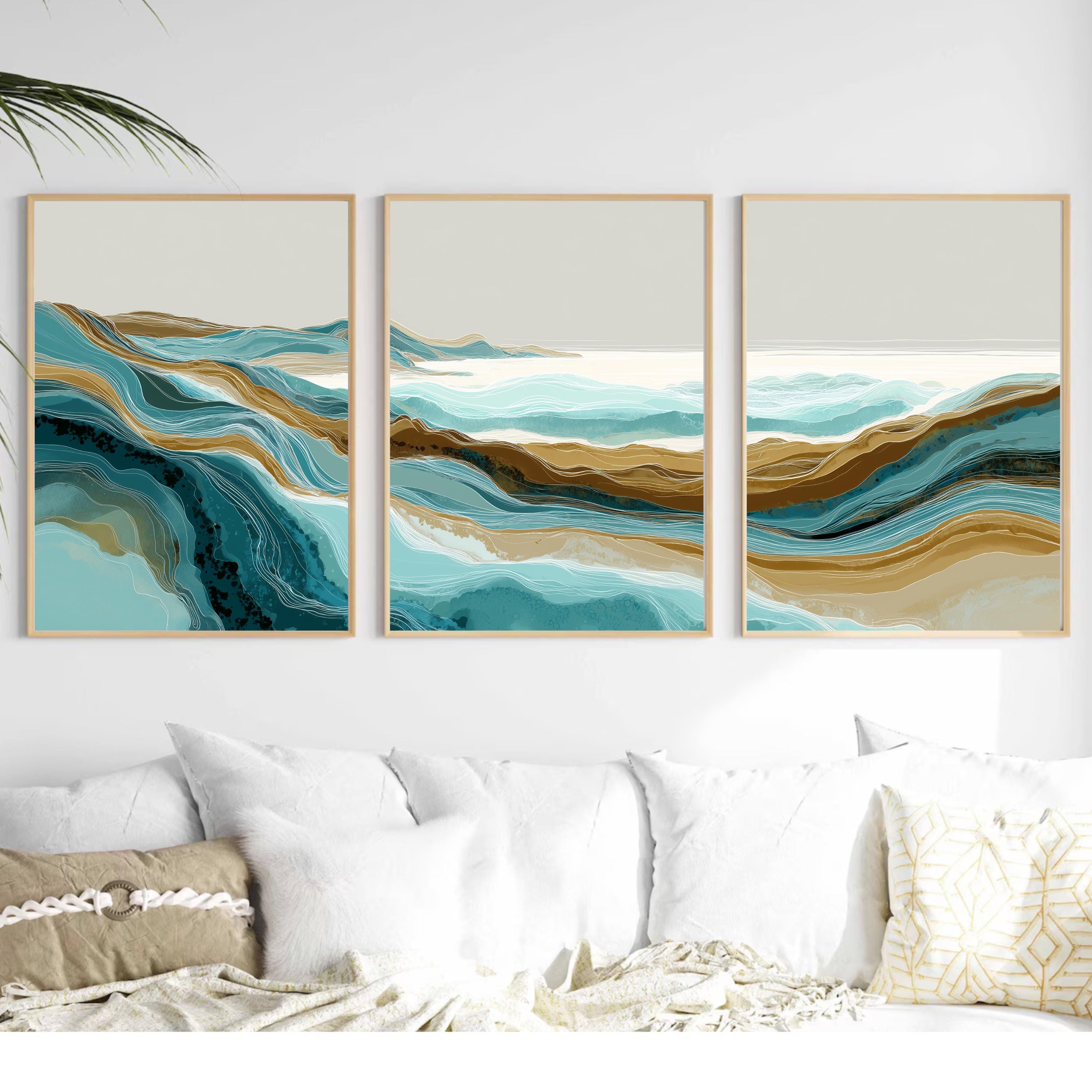 Abstract Ocean Wave Wall Art Set of 3 | Coastal Landscape Triptych ...