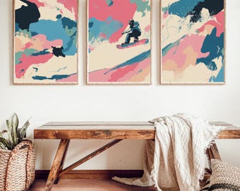 Póster de snowboard abstracto, impresiones artísticas de pared de 3 piezas, arte acrílico de deportes extremos de invierno, impresiones grandes de 81 x 61 cm