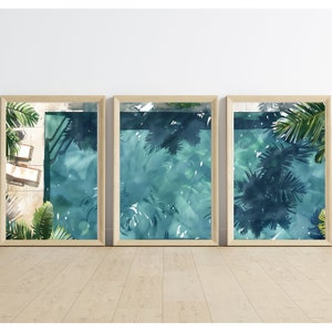 Holiday Swimming Pool Art Set of 3 | Tranquil Pool Painting with reflecting Water | Palm Springs inspired Watercolor Painting into Print