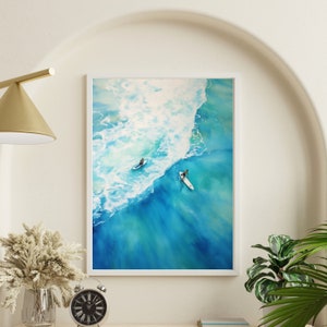 Surfboard Wall Art | Ocean Bliss: Beach Watercolor Serenity with Surfer Silhouette