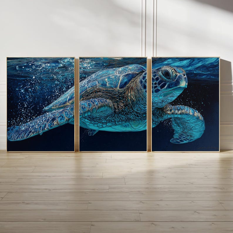 Sea Turtle Ocean Triptych | Underwater Marine Life Wall Art | Blue ...