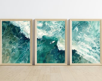 Leggenda del surf: set di 3 poster delle onde - Arte del surf in acrilico e acquerello per decorazioni costiere moderne - Asilo da surf