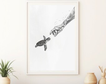 Lámina con boceto a lápiz de tortuga bebé - Arte de la fauna marina