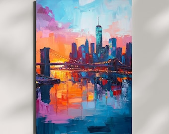May include: A colorful painting of the New York City skyline with the Brooklyn Bridge in the foreground. The painting features a vibrant sunset with orange, pink, and blue hues. The city skyline is reflected in the water below.