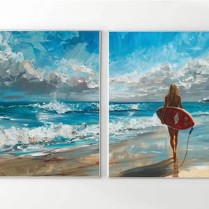 Surfer&#39;s Journey: Two-Piece Acrylic Painting Poster Set of a Surfer Girl at the Beach