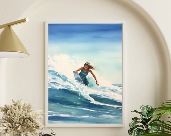 Surfboard Print | Girl surfing Wave | Watercolor Painting as Print Option