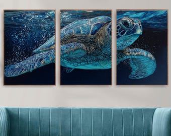 Sea Turtle Ocean Triptych | Underwater Marine Life Wall Art | Blue Coastal Canvas Set